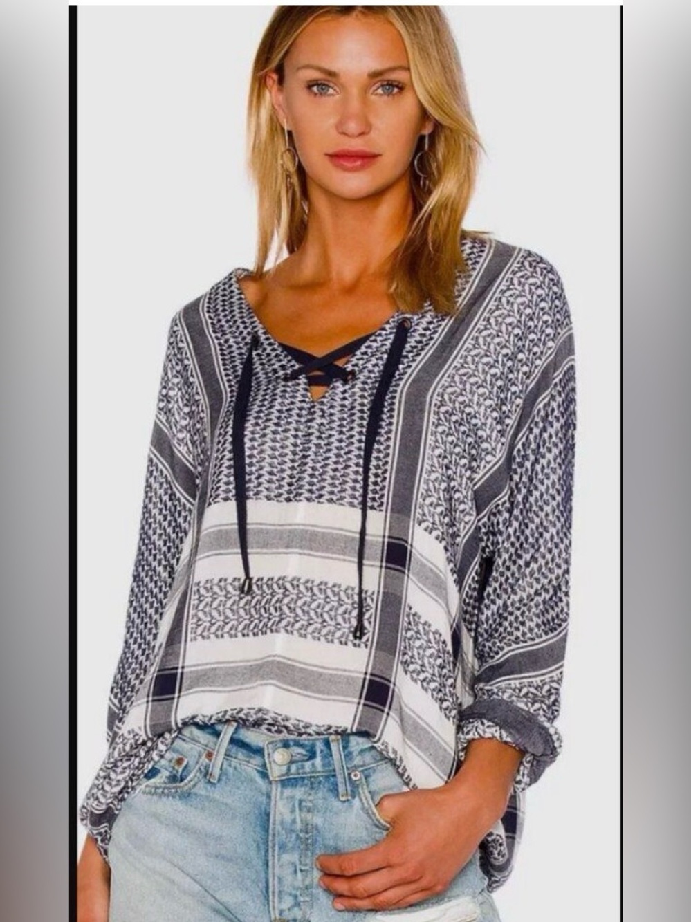 Rails Finley Womens M Navy White Jacquard Lace Up Tunic Top